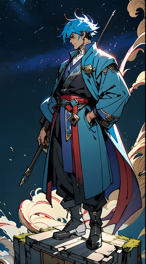 A young man with long slate-blue hair, disheveled and flying hair, sharp gaze, a resolute countenance, he has a mixed West Asian and Eastern European appearance, a fantasy wuxia-style tight-fitting trench coat robe, with a flowing hem, the color scheme is ...