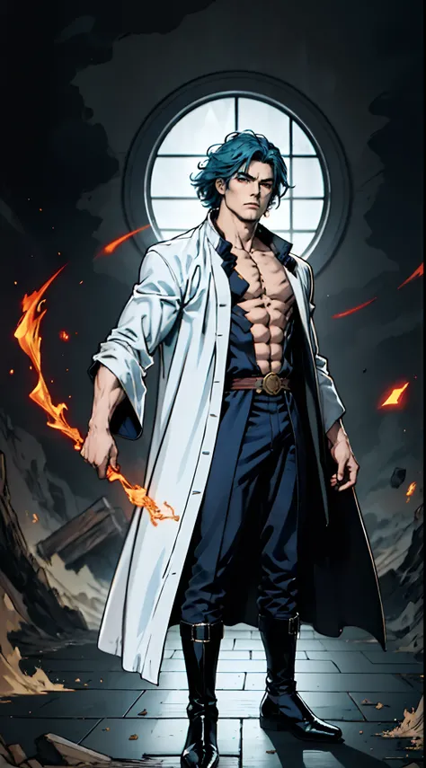 A young man with long slate-blue hair, disheveled and flying hair, sharp gaze, a resolute countenance, he has a mixed West Asian and Eastern European appearance, a fantasy wuxia-style tight-fitting trench coat robe, with a flowing hem, the color scheme is ...