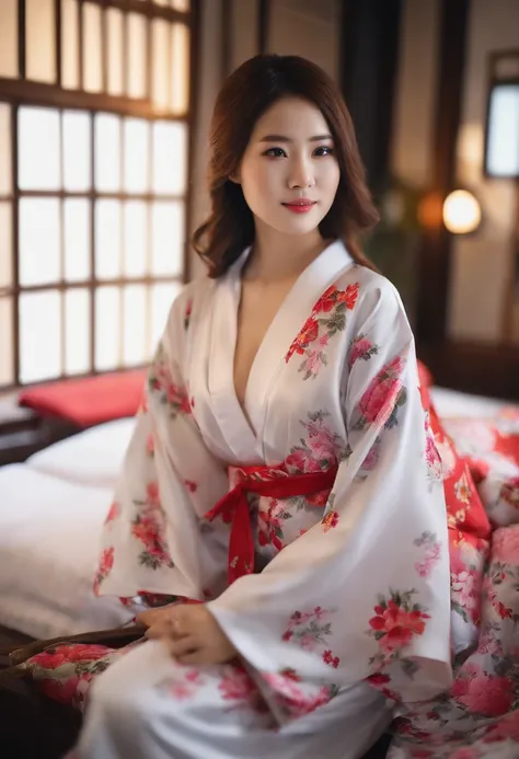 1 woman in her 20s、fair white skin、modeled、Indoors、on the beds、Colorful yukata with only the right shoulder、鎖骨、cleavage of the breast、tits out、No Underwear、​masterpiece、top-quality