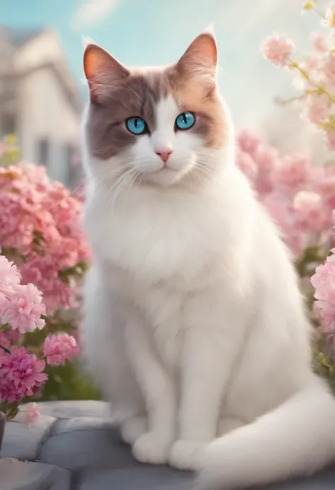 Cute cat,animation graphics,creativity colors,white cat,funny style,Background with charming colors