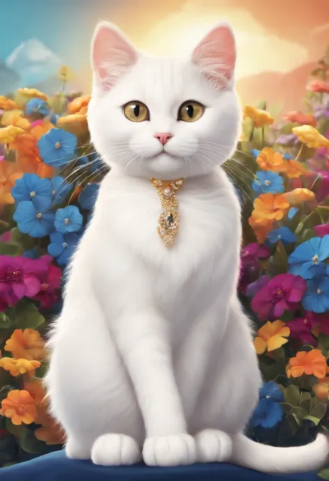 Cute cat,animation graphics,creativity colors,white cat,funny style,Background with charming colors