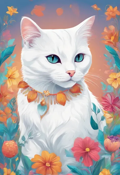 Cute cat,colorful,white cat,funny style,Background with charming colors,coloring book style