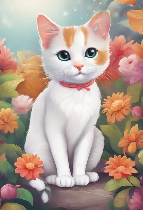 Cute cat,colorful,white cat,funny style,Background with charming colors,coloring book style