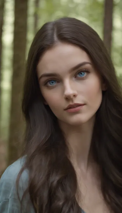 a medium-shot of a super beautiful girl around 23 yo with amazing realistic blue eyes and dark long hair. during walk in the forest