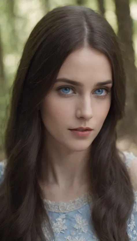 masterpiece, best quality, ultra-detailed), shot of a super beautiful girl around 23 yo with amazing realistic blue eyes and dark long hair. during walk in the forest