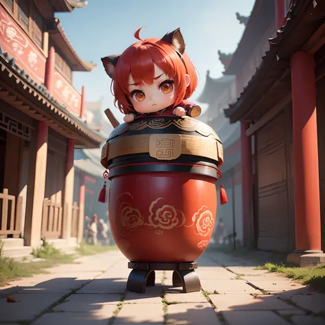 ​masterpiece、top-quality、ultra-detailliert、(Chibi Chara Ancient Chinese Male:1.2),Giant drums should be placed on the ground,You must hold the stick with both hands、Fun、full body Esbian、Chinese New Year Festival、