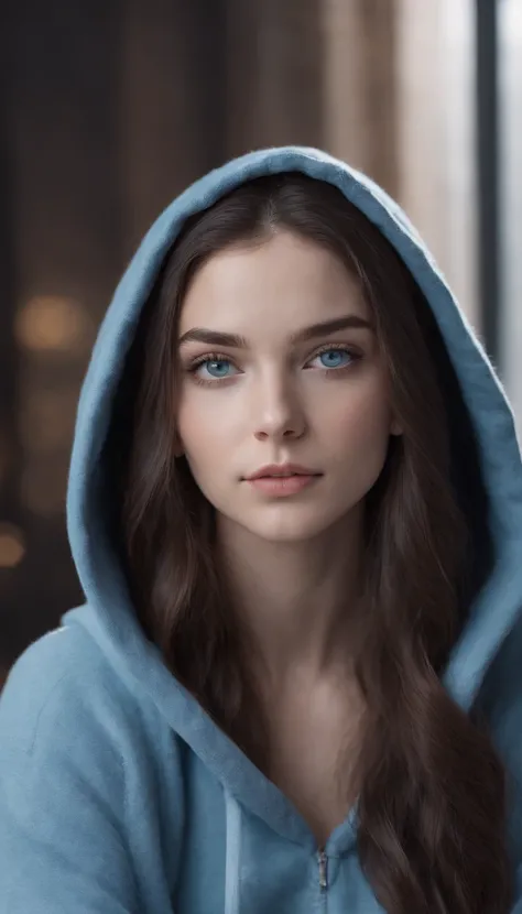 masterpiece, best quality, ultra-detailed), photo of a super beautiful girl around 23 yo with realistic blue eyes and dark long hair. in a gym with hoodie on