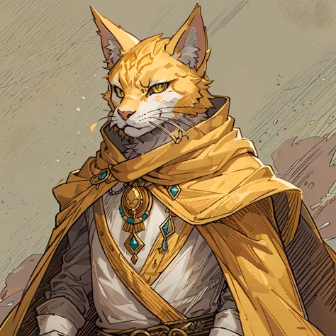 high quality, high detail, furry, one yellow tabaxi, guy, skinny and long, dnd art, monk,white cape and hood