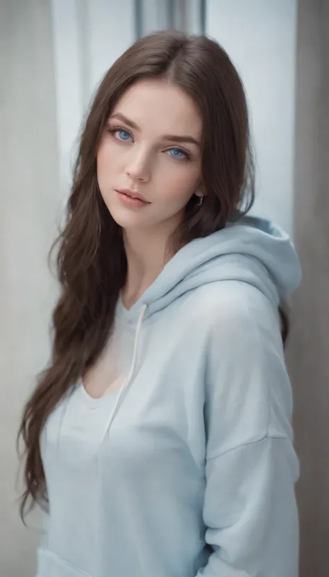 masterpiece, best quality, ultra-detailed), photo of a super beautiful girl around 23 yo with hyperrealistic blue eyes and dark long hair. in a gym with hoodie on, waearing gym wear and a necklace, selfie of a young woman, bedroom eyes, violet myers, witho...