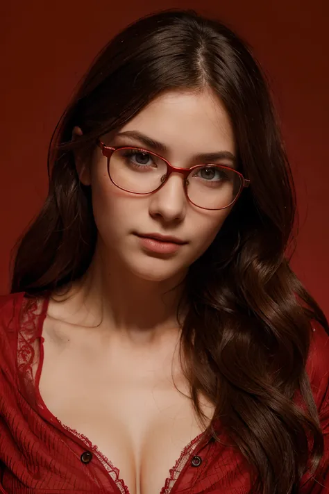 Beautiful young girl with prescription glasses, detailed texture of skin and eye, fur and hair, red simple blouse on a red background with light