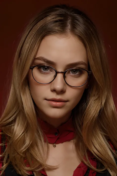 Beautiful blonde girl with black prescription glasses, detailed texture of skin and eye, fur and hair, simple red blouse on a red background with light