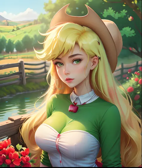 Apple Jack, Apple Jack from my Little Pony, Apple Jack in the form of a girl, long hair, voluminous breasts, very large breasts, lush breasts, bulging breasts, green and red clothes, cow boy hat, picks apples, forest background, apple farm, emerald eye, bl...