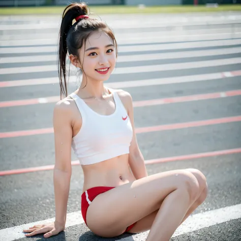 1girl in,Sweaters,White background,((​masterpiece, Top image quality, hight resolution、独奏、small tits、Sleeveless uniforms on land、track and field athlete、high-ponytail Hairstyle、no-bra、full body Esbian、A smile、A slight smil、Tecateca skin、glowy skin))、Sweaty...