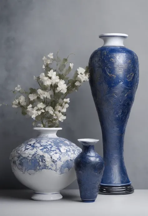 Blue and white porcelain,Ceramic material，Quadripartite vase，Embossed petals，artwork of a，Ornaments， high detail,3D， Chiaroscuro, Cinematic lighting, god light, Cinematic lighting, hyper HD, High details, Best quality, A high resolution, Textured skin