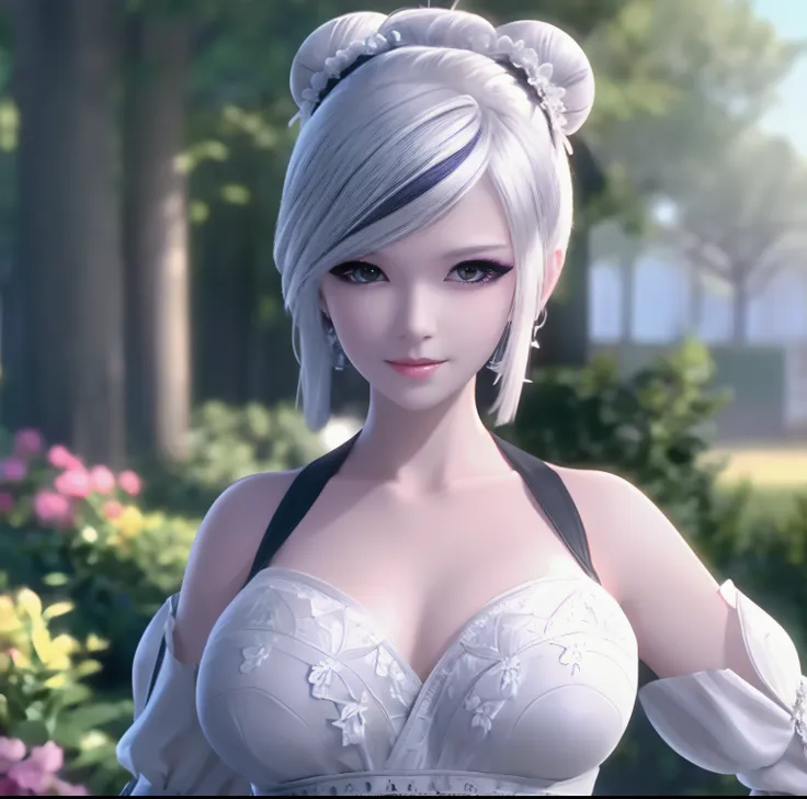 ((ultra detailed background, delicate pattern, intricate detail)), (highly detailed, fine details), 1girl, (masterpiece, best quality), high detailed 1girl,breasts,solo,jewelry,earrings,cleavage,looking at viewer,dress,detached sleeves,flower,white hair,(h...