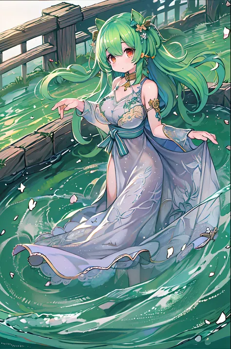 1girl in, Solo, Hair Ornament, Green hair, Twin-tailed, Long hair, Dress, Water