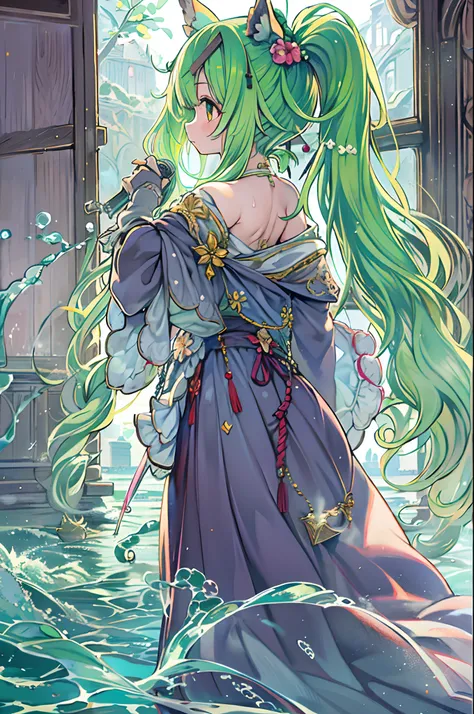 1girl in, Solo, Hair Ornament, Green hair, Twin-tailed, Long hair, Dress, Water