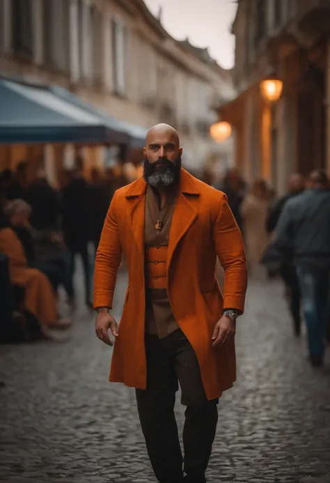 homme fort, couleur de peau mate, origine tunisien, Real, detailded, 4K, HDR, Chef doeuvre, dans une ville de style belgique, barbu, chauve, Shaved head, portant un blouson orange fluo, bien voyant, Wicked look in the center of the image