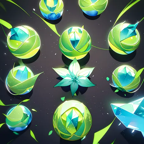 Lime green、emerald green、Mare、abyssal、spherical body、spinal、Deep、icy、flower petals、four corners、square shapes、elliptical