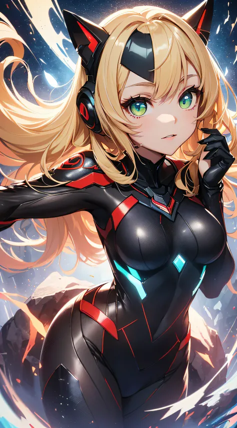 top-quality、Top image quality、​masterpiece、Android Girl((sixteen years old、Red, Black, Red and white glowing cybersuit、Blue energy source for the chest,Best Bust、Bust 90、Color Blonde Away Tail、Blue-green eyes、open chest wide、Valley、Happiness、A slender、Myst...