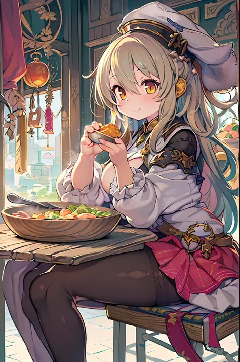 Anime girl sitting on a chair with a bowl of food in her hand, alchemist girl, Light Novel Cover Art, Official art, epic light novel art cover, official artwork, epic light novel cover art, Lori, Isekai, small curvy loli, cushart krenz, cushart, cushart kr...