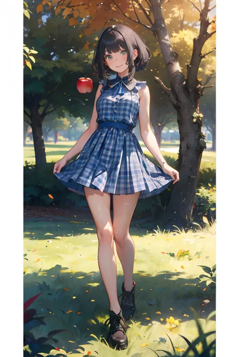 a 20 yo woman、Black blue Hair、Twin-tailed、Big smile、Blue gingham check dress、full body Esbian、(hi-top fade:1.3)、dark themed、Muted Tones、Subdued Color、highly contrast、Green meadow background、Have autumn fruits、apple、(natural skin textures、Hyper-Realism、Soft...