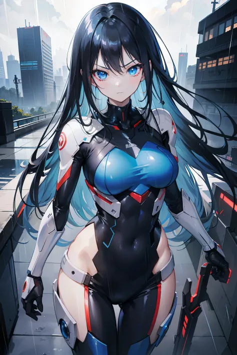 anime girl, good anatomy, detailed face, long black hair, beautiful blue eyes, slightly fierce face, mature, tall, mecha suit, nice background of a rainy city, 8k, high resolution