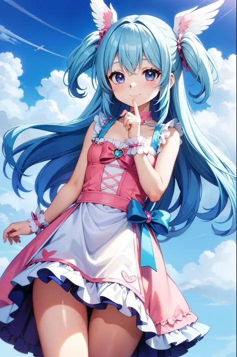 Super Idol　Little Girl　A charming smile　sky blue hair　length hair　Twin-tailed　Cute bright pink and white costume、large wings on the back、Flying in the sky、Mystical　Fantasia