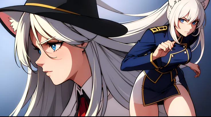 tall athletic adult woman with (white neko ears), and long white hair with colorful holofoil details, she has a mature (human face) with bright blue eyes and a serious thoughtful expression,  BREAK fully clothed with a long coat, a hat (between her white c...