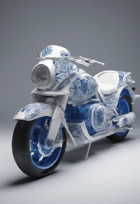 Blue and white porcelain,Ceramic material，bikes，artwork of a，Ornaments， high detail,3D， Chiaroscuro, Cinematic lighting, god light, Cinematic lighting, hyper HD, High details, Best quality, A high resolution, Textured skin