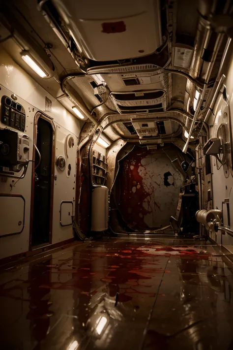 Interior image of the International Space Station with blood looks all over if it were a terrial movie set