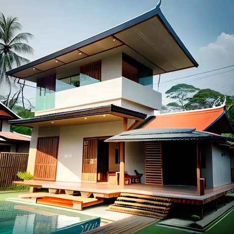 Thai style house half timber, half cement modern style