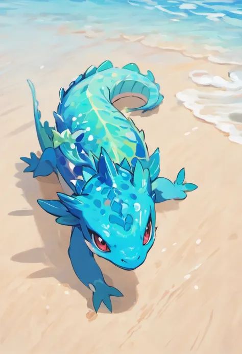 A water dragon, cute, swimming in the vibrant ocean