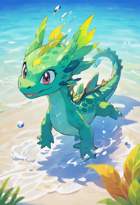 A water dragon, cute, swimming in the vibrant ocean