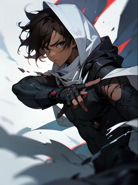 Masterpiece, highres, High quality, Dark skin teen, male, slightly buff, medium dark brown hair hair, big innocent eyes, wearing a black full bodysuit, six white long torn scarf, hooded white cloaks, black big Gauntlets, dramatic sho, intensive, cool, bada...