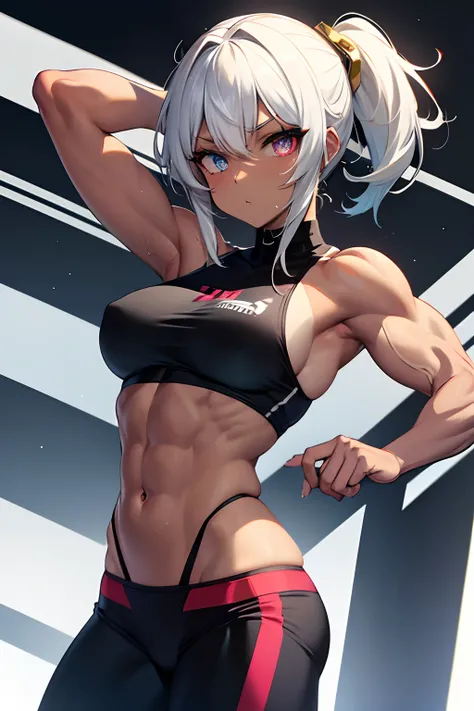 Muscular girl, bodybuilder, strange eyes, heterochromatic eyes, tan skin