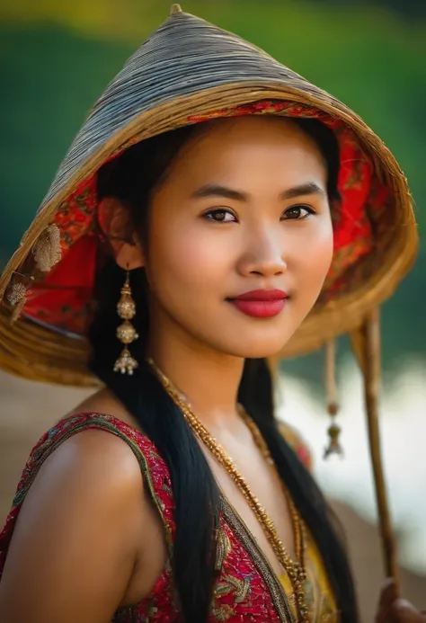 beautiful hmong girl Mekong shore in the evening