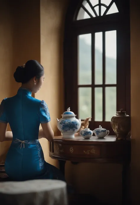 Two 18-year-old girls in blue cheongsam in an antique room，The room has a round window，There is a wooden table in front of the window，Beautiful view from the window，One of the teenage girls was playing a guitar on the windowsill，Another holds a delicate po...