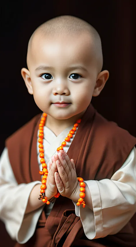 A 2-year-old Chinese toddler monk，had his hands folded，sit with legs crossed，Orange monk robe，Perfect facial features，face to the viewer，with black background，Ultra-clear image quality，Life-life hyper-realistic style，9:16 scale