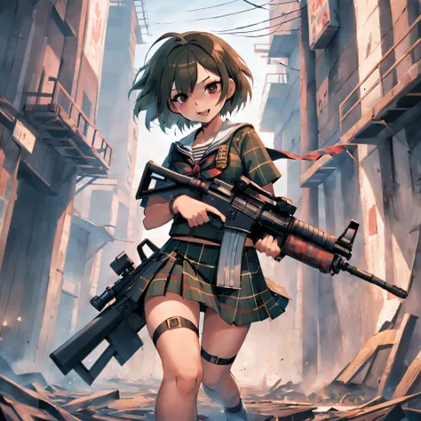 masutepiece, High resolution, Cinematic lighting, Front Camera Angle, Ruined metropolis, Schoolgirl Standing With Assault Rifle (M16), Beautiful Girl, Grinning, Good figure, Short hair, Big breasts, cleavage, Short sailor suit with a visible navel, Miniski...