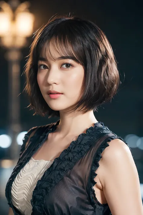 43
(Airy wavy short bob cut:1.46), (a 25yo woman), (A hyper-realistic), (Masterpiece), (8KUHD), Naval port at night, Military uniform without wrinkles, military uniform in future, warships, breast