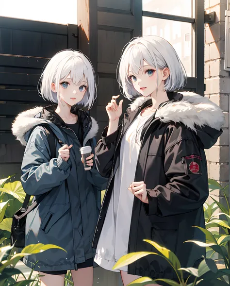 a beauty girl、white  hair、Bob Hair、childhood friend、parka