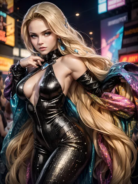 In New York, time square, Beautiful woman, 25 years old, Estilo Cristal (Dazzler in English) is a fictional character from Marvel Comics, associated with the X-Men group, wearing a tight jumpsuit style black X-Men style costume, wearing a style belt x-men,...