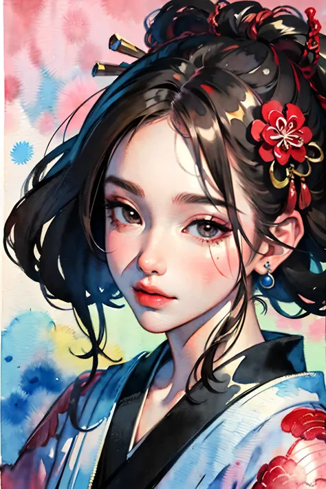 (masterpiece:1.2, best quality), (very detailed face, real picture, realistic skin, realistic body, intricate details), solo, 1milf, casual,ukiyo-e, (Watercolor:1.3), Oiran,