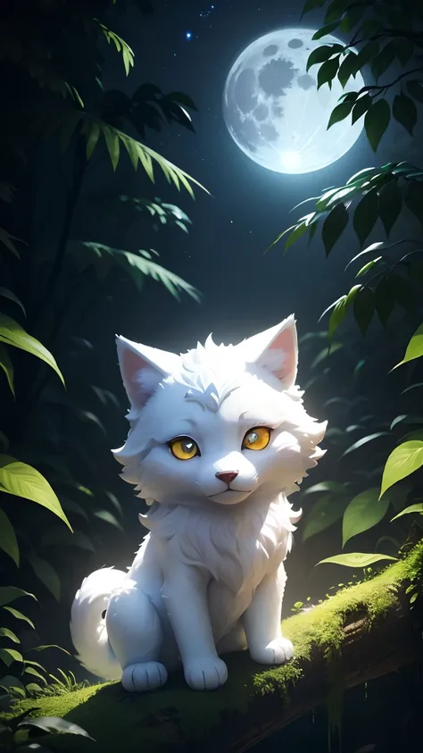 A cute Jungle sticker, golden eyes,cute white wolf,a full moon,a deep forest,and a mysterious image. Its night but its bright