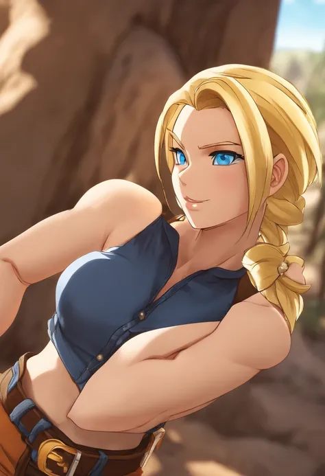 (cowboyshot: 1.2), (android_18, and18(dragonball z), (finely detailed beautiful eyes and detailed face), (Face through thighs: 1.4), (Knee shot: 1.2), Blonde hair, Solo, Lady, (Beautiful background), :), Dynamic Angle, Blue eyes, Bright face, Sunlight, (Br...