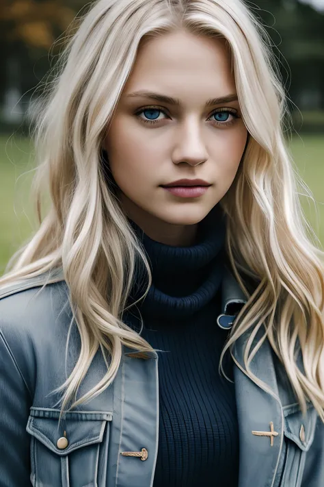 1girl in, age19, Solo, Long wavy blond hair, messy wind blown hair, blondehair, (dark blue eyes), Colossal tits, full body shot, (textured skin, skin pores:1.1), imperfect skin, goosebumps, in a city park, stone bench, fountain, ((brown leather jackte:1.2)...