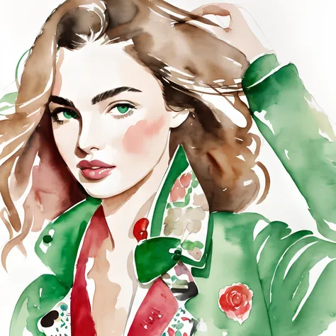 David Downton fashion illustration, watercolor drawing, light brown blonde thin hair woman, bob curvy hair, green eyes, rose liostick, cute face, Andreea Diaconu, white sweatshirt with red hearts pattern, leather jacket, candy