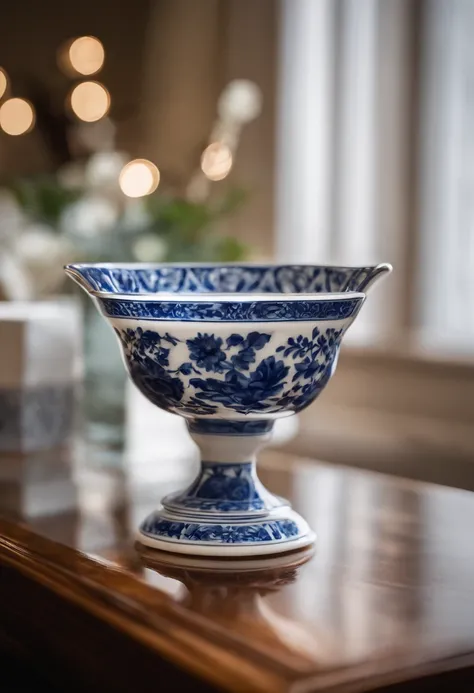 Ceramic teacup close-up，A small teacup，It has very simple blue and white porcelain，It is placed on a glass table in an exhibition hall，There was a young girl next to her admiring