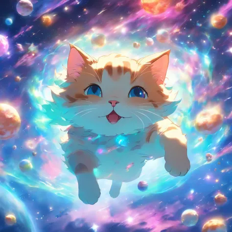 A cat floating in space with a float